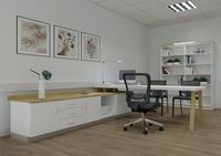 Büroeinrichtung, moderne Schreibtischanlage mit Holzbeinen